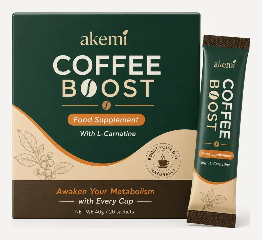 Akemi Coffee Boost box next to one single-serve sachet