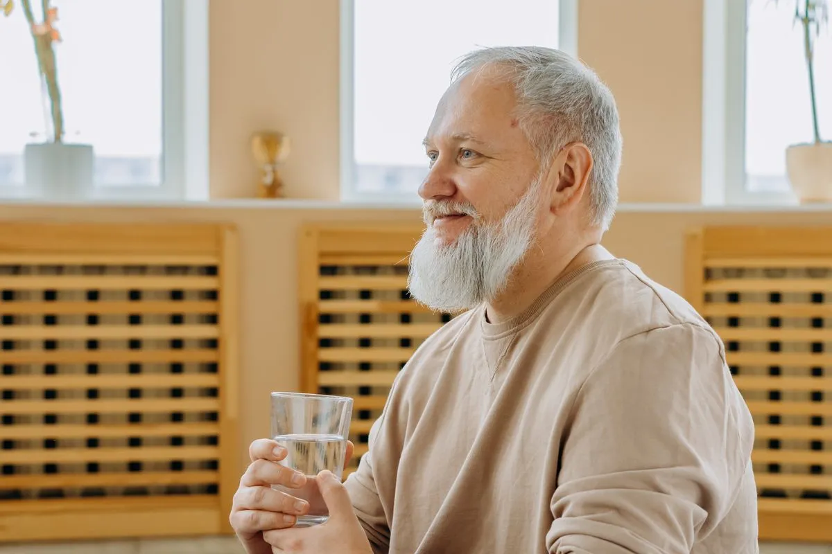 A grey-bearded man in his sixties sitting at home, smiling and holding a glass of water