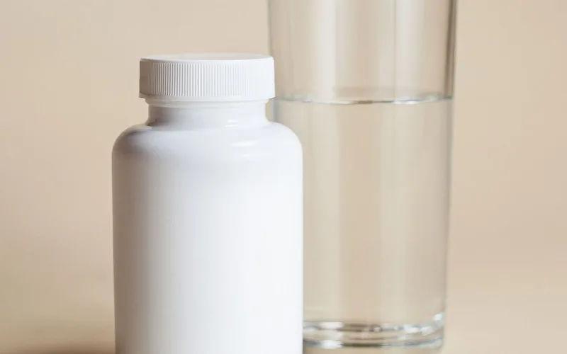 A supplement bottle beside a glass of water