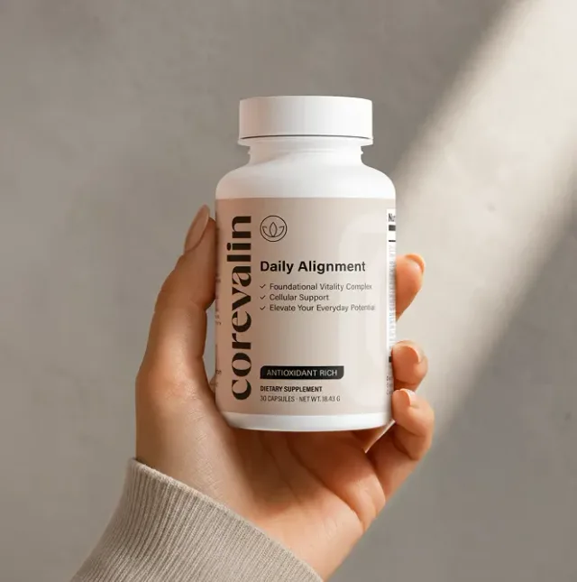 A hand holding a bottle of Corevalin Daily Alignment capsules