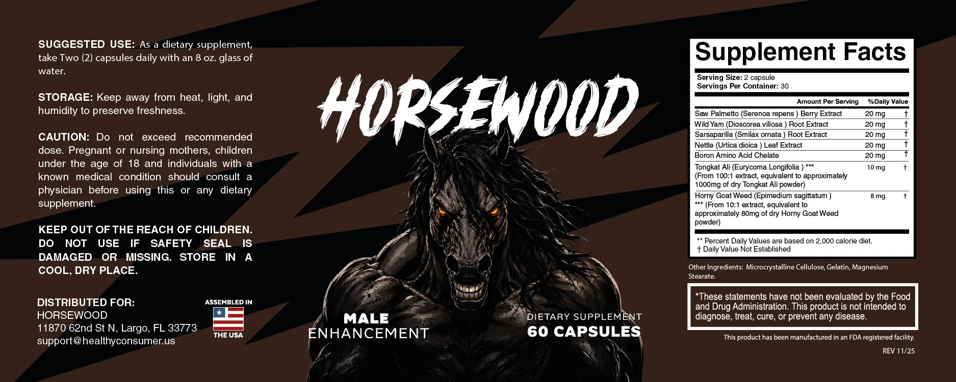 Horsewood label with the full Supplement Facts panel, suggested use and cautions