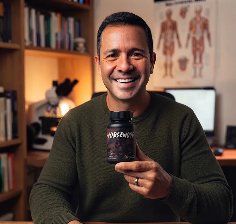 Ray Delgado holding a bottle of Horsewood at his desk